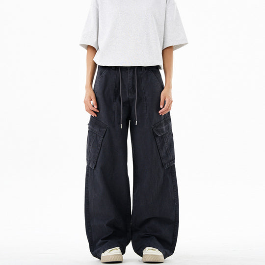 Damen Extraweite Cargo-Denim-Palazzohose mit Tunnelzugbund und aufgesetzten Klappentaschen Nord Taschen