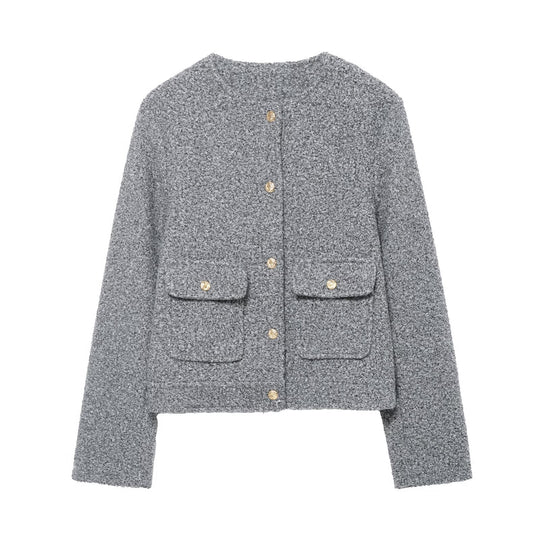 Damen Bouclé Cropped Jacke mit Goldknöpfen und aufgesetzten Pattentaschen Nord Taschen