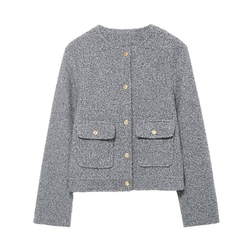 Damen Bouclé Cropped Jacke mit Goldknöpfen und aufgesetzten Pattentaschen Nord Taschen