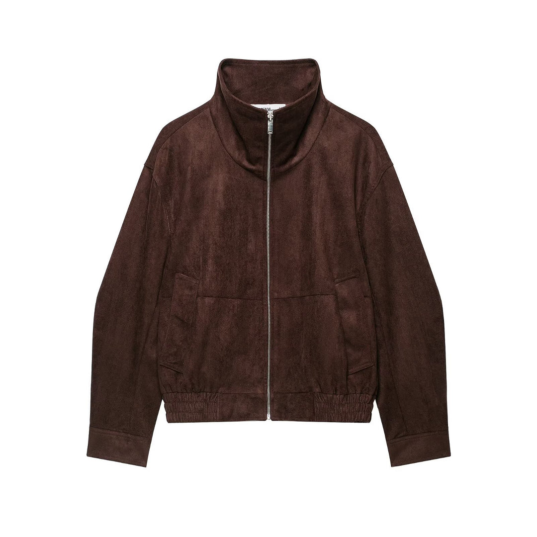 Damen Velourslederoptik Bomberjacke mit Funnelkragen und elastischem Saum Nord Taschen