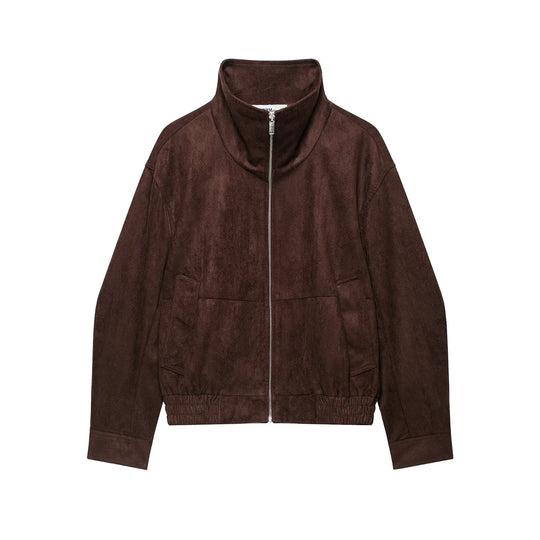 Damen Velourslederoptik Bomberjacke mit Funnelkragen und elastischem Saum Nord Taschen