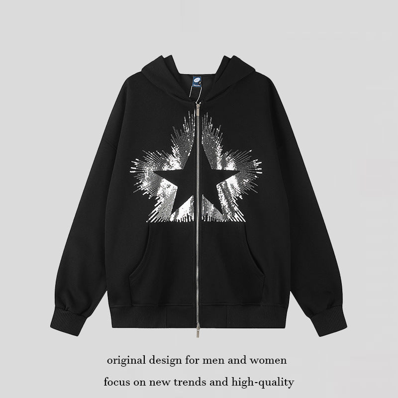 Damen Oversize-Kapuzenjacke aus French Terry mit glitzerndem Sternprint und Metallreißverschluss Nord Taschen