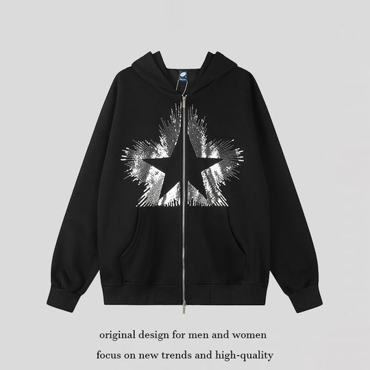 Damen Oversize-Kapuzenjacke aus French Terry mit glitzerndem Sternprint und Metallreißverschluss Nord Taschen