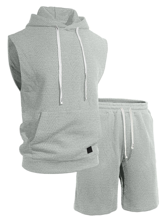 Herren nan ärmelloses Kapuzen-Lounge-Set aus strukturierter Baumwollmischung mit Kängurutasche und elastischer Freizeithose
