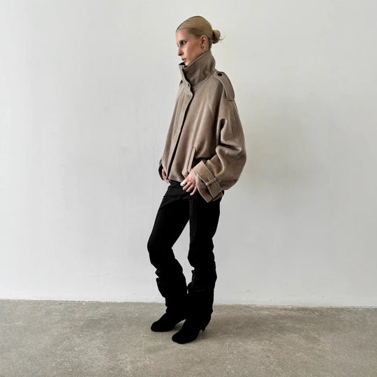 Damen Oversized Woll-Cropped-Jacke mit hohem Stehkragen und Ballonärmeln Nord Taschen