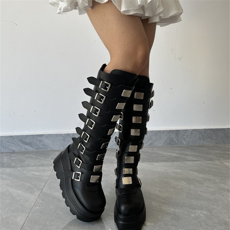 Damen Plattform Stiefel mit modischem Schnallen-Design und stabiler Sohle