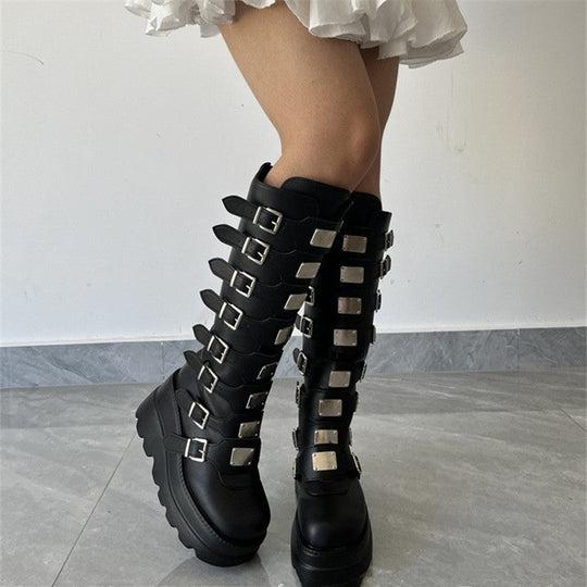 Damen Plattform Stiefel mit modischem Schnallen-Design und stabiler Sohle