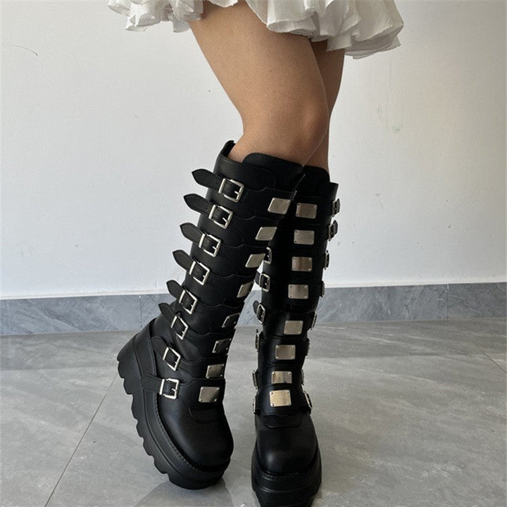 Damen Plattform Stiefel mit modischem Schnallen-Design und stabiler Sohle