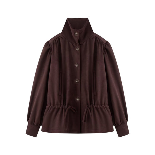 Damen Kurzjacke im Velours‑Suede‑Look mit Stehkragen, Tunnelzug und Ballonärmeln Nord Taschen