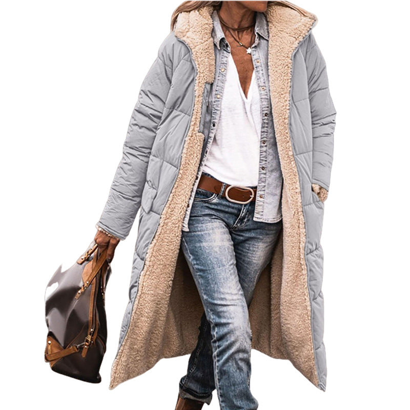 Damen Langer gesteppter Mantel mit Teddyfutter, Kapuze und seitlichen Eingrifftaschen Nord Taschen