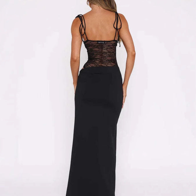 Damen nan Bandeau-Maxikleid mit transparentem Spitzenkorsett und knotbaren Spaghettiträgern