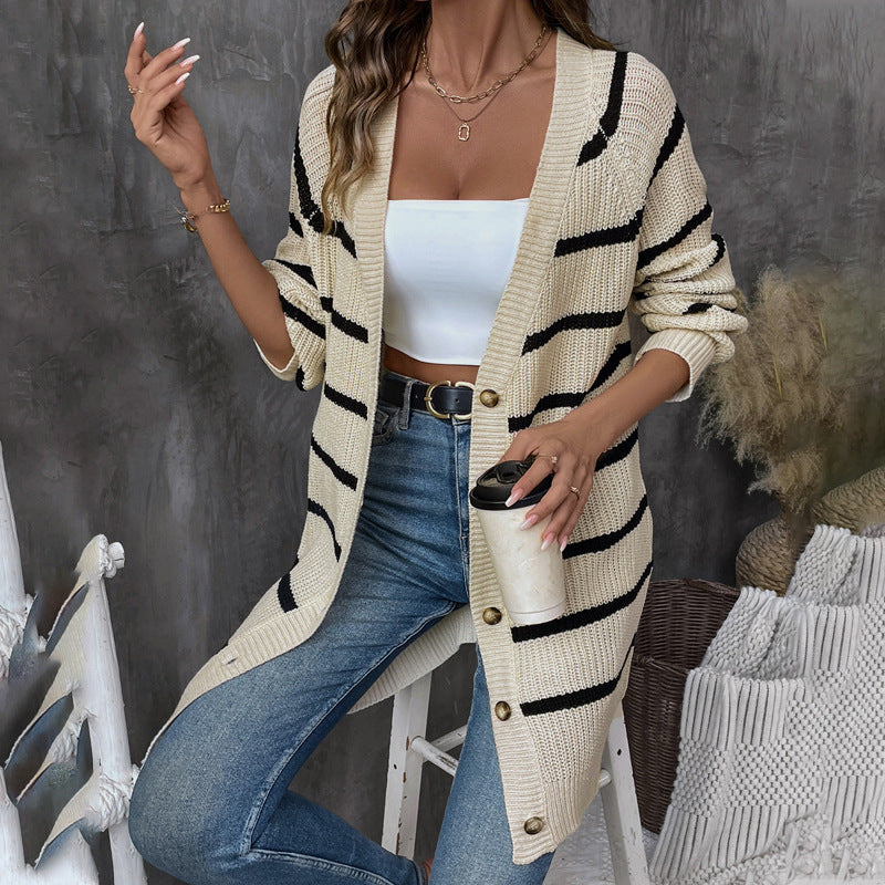 Damen Lässiger Strickcardigan mit Streifen Nord Taschen