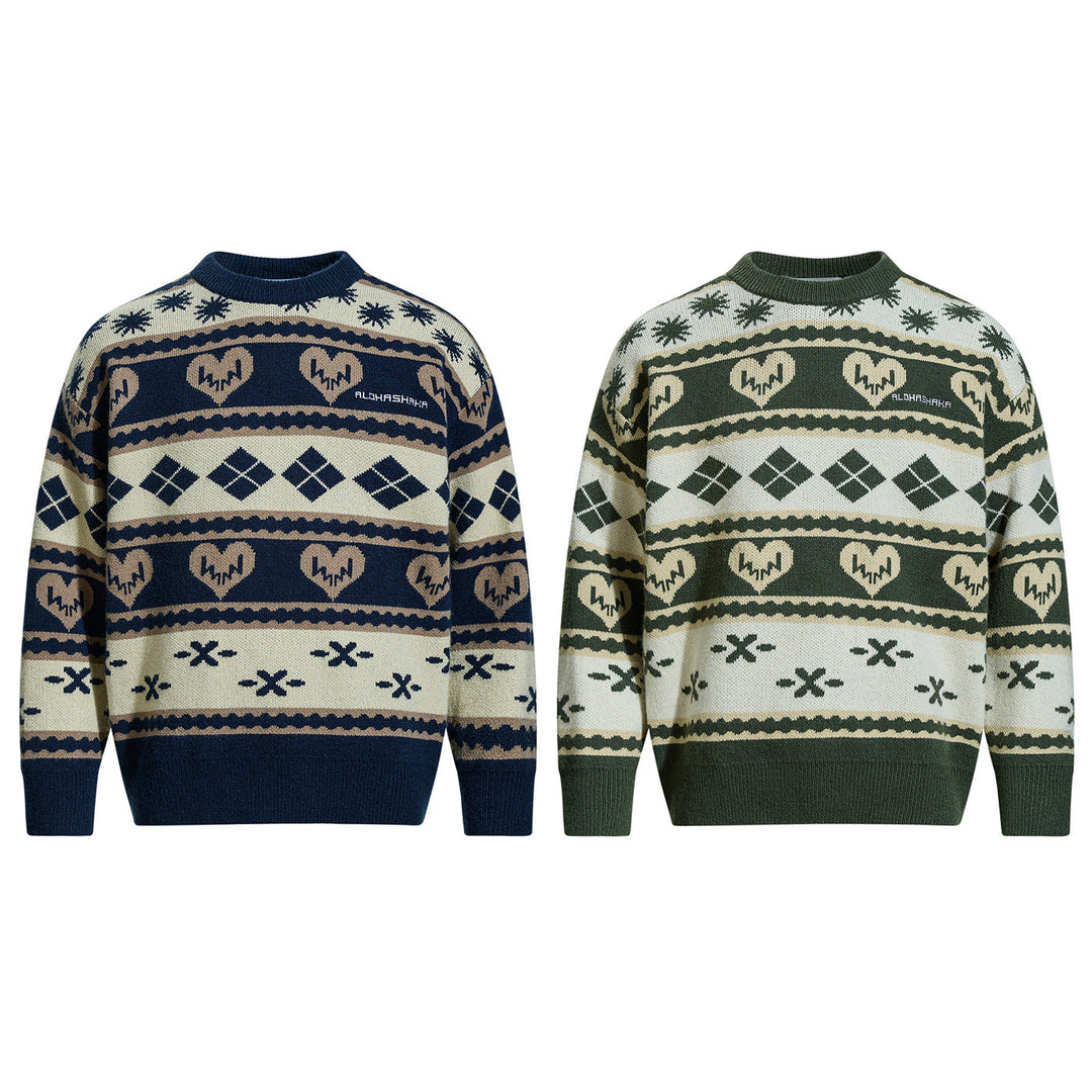 Herren Gemusterter Grobstrick-Pullover im Norwegerstil mit Rundhalsausschnitt Nord Taschen