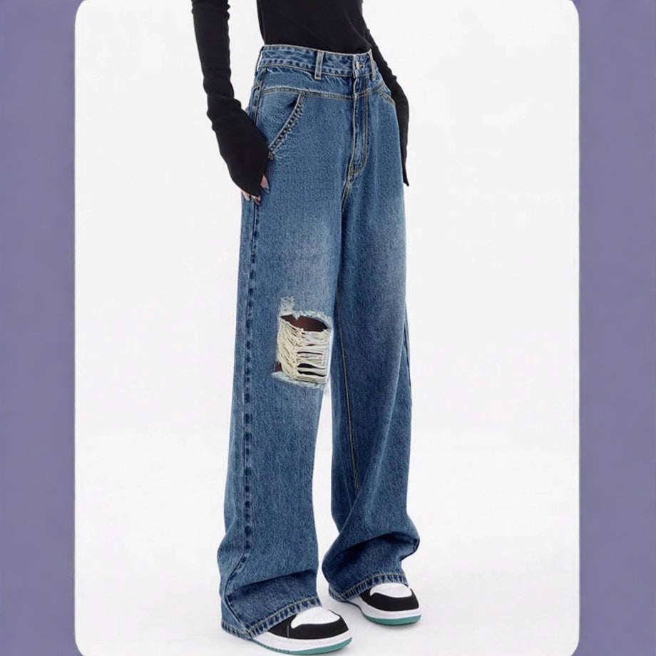 Damen hochtaillierte Oversized-Baggy-Jeans mit Knie-Rip und weitem Bein Nord Taschen