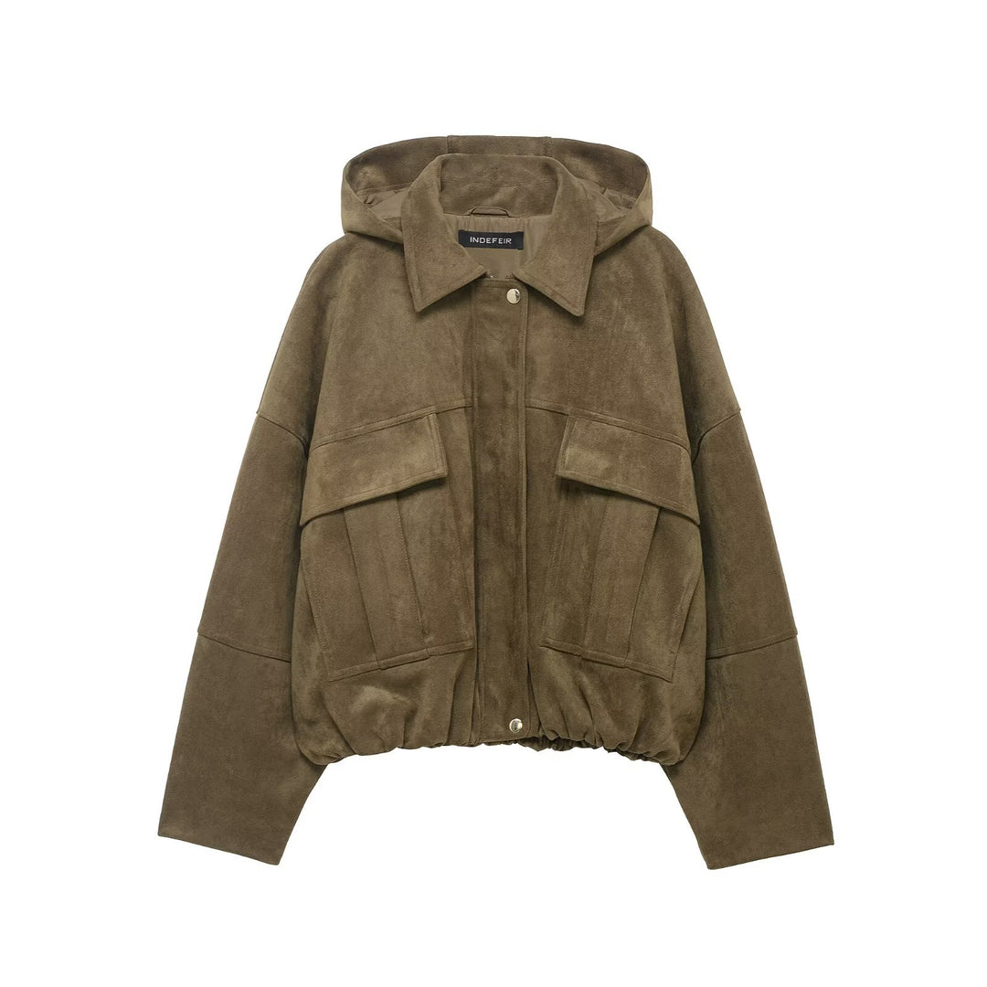 Damen Oversize-Cropped Wildlederoptik-Jacke mit Kapuze und aufgesetzten Pattentaschen Nord Taschen