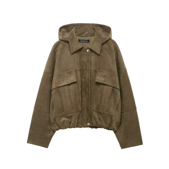 Damen Oversize-Cropped Wildlederoptik-Jacke mit Kapuze und aufgesetzten Pattentaschen Nord Taschen