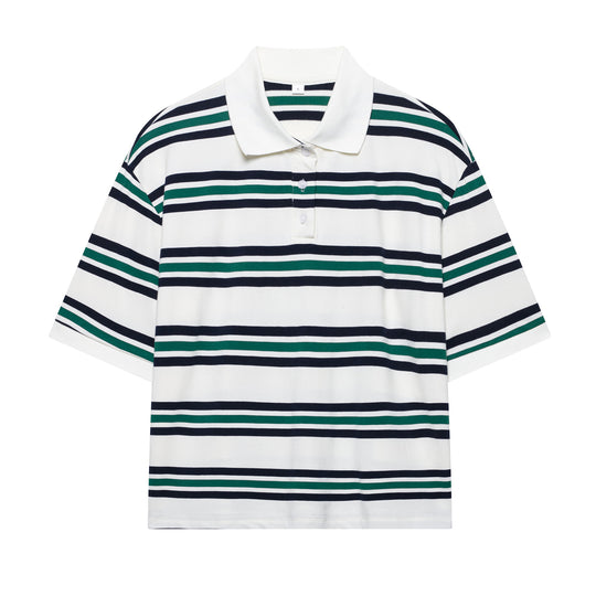 Damen Lässiges Langarm-Poloshirt mit Streifenmuster und Rippbündchen Nord Taschen