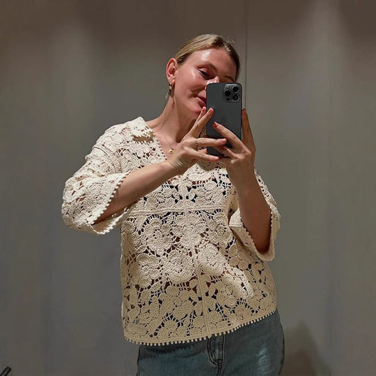 Damen Gehäkelte Bluse mit floralem Ajourmuster und dreiviertel Ärmeln Nord Taschen
