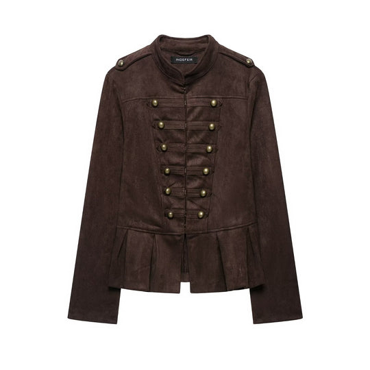 Damen Taillierte Jacke im Musketierstil aus Wildlederoptik mit Zierknopfleiste und Schulterriegeln Nord Taschen