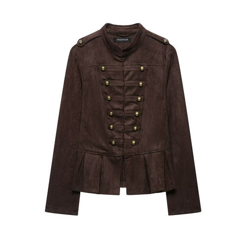 Damen Taillierte Jacke im Musketierstil aus Wildlederoptik mit Zierknopfleiste und Schulterriegeln Nord Taschen