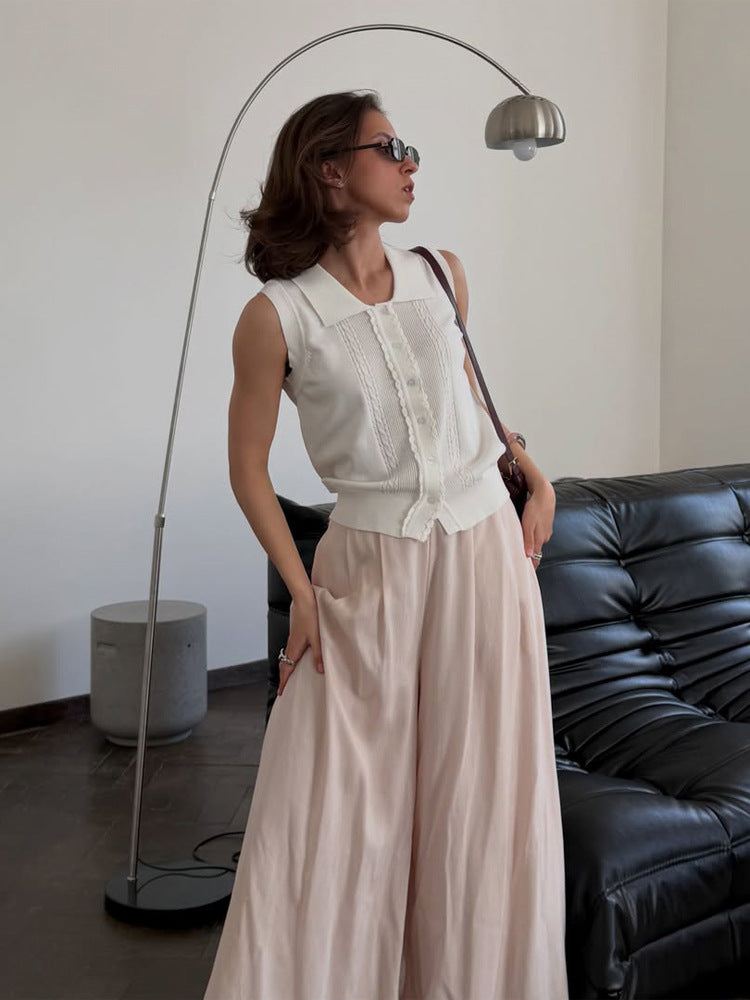 Damen Ärmelloses Stricktop mit Hemdkragen, Zierknopfleiste und feiner Strukturierung Nord Taschen