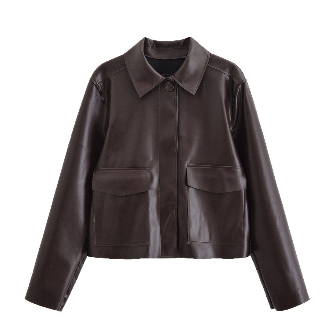 Damen Kurze Boxy-Lederoptikjacke mit Pattentaschen und Hemdkragen Nord Taschen