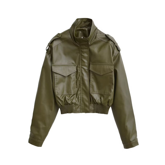 Damen Kurze PU-Leder-Bomberjacke mit hohem Stehkragen, Pattentaschen und Schulterklappen Nord Taschen