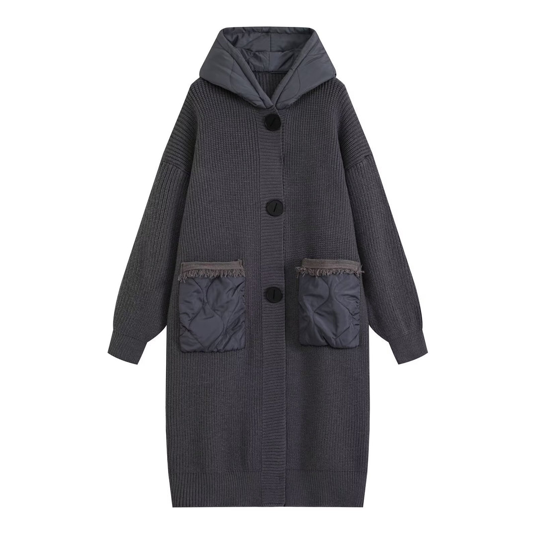 Damen Longline Grobstrickmantel mit gesteppter Kapuze und übergroßen Fronttaschen Nord Taschen
