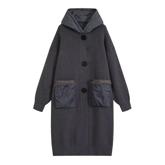 Damen Longline Grobstrickmantel mit gesteppter Kapuze und übergroßen Fronttaschen Nord Taschen