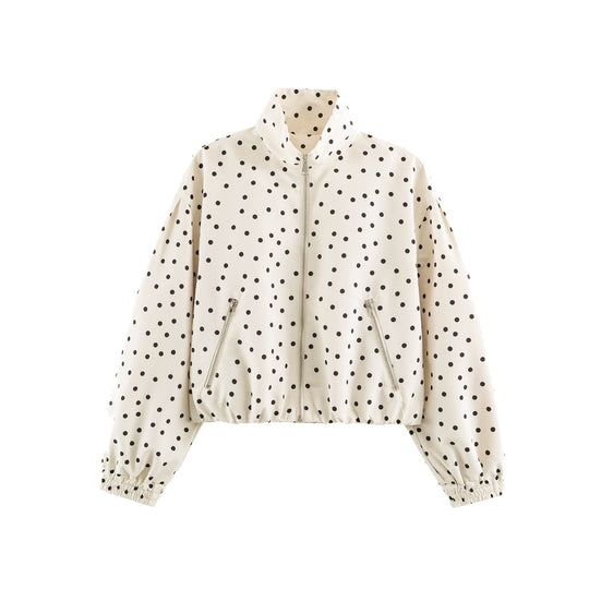 Damen Gepunktete Cropped-Bomberjacke mit Stehkragen, elastischem Saum und schräge Reißverschlusstaschen Nord Taschen