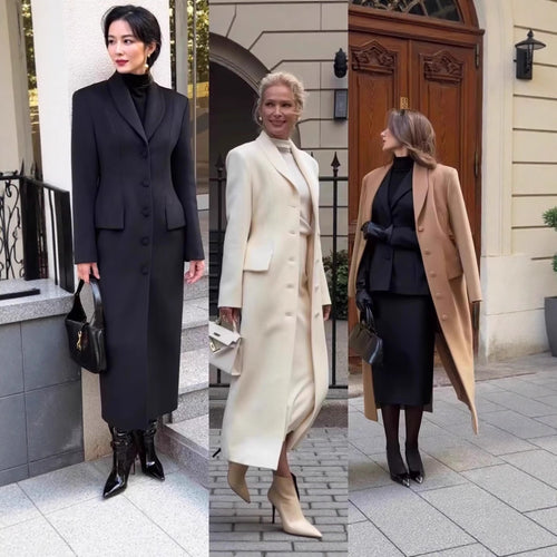 Damen Langer Wollmixmantel mit Schalkragen und taillierter Silhouette Nord Taschen