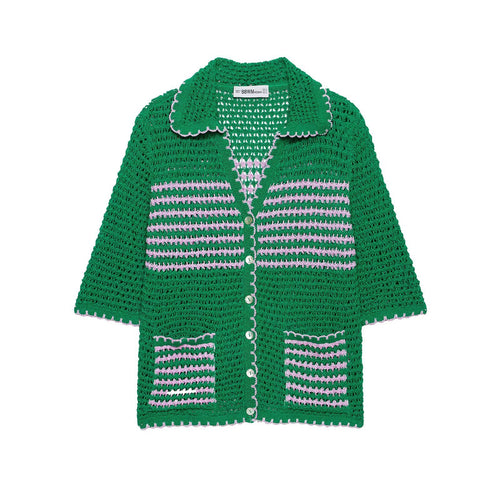 Damen Häkelstrickjacke mit kurzem Arm, Knopfleiste und Vintage-Kragen Nord Taschen