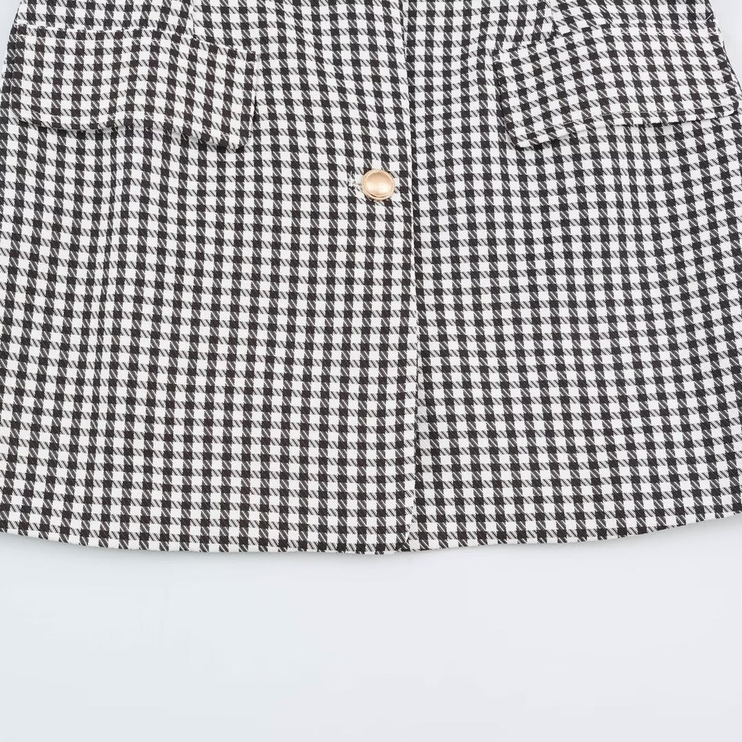 Damen Oversize-Blazer im Hahnentritt‑Muster mit Ballonärmeln und Pattentaschen Nord Taschen