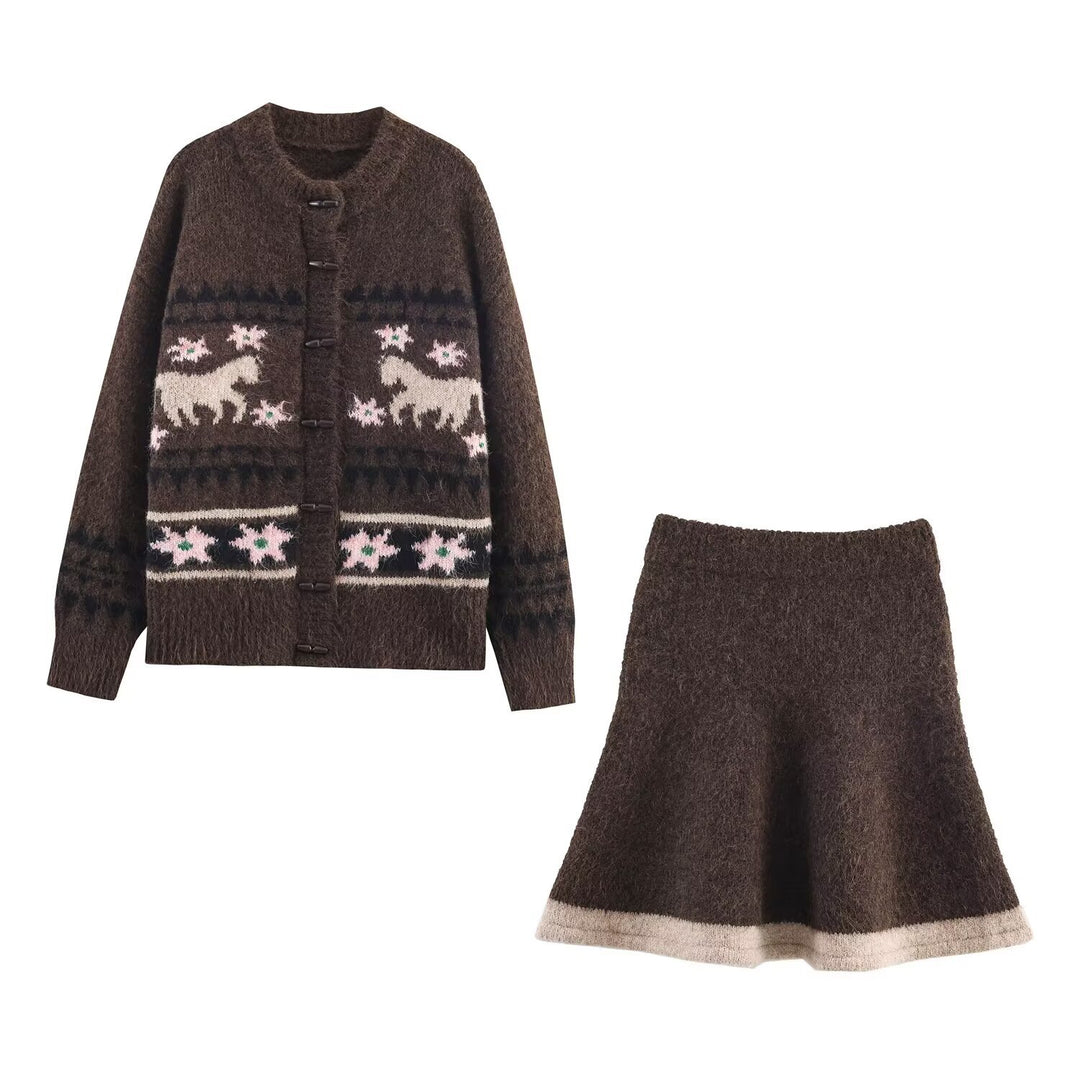 Damen Zweiteiliges Strick-Set mit Norwegermuster-Cardigan und ausgestelltem Rock Nord Taschen