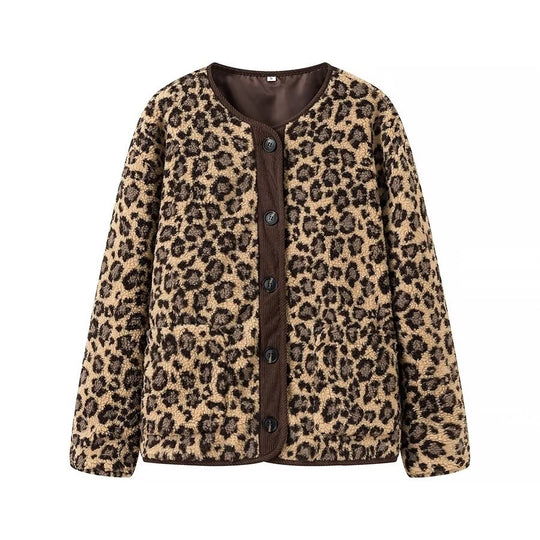 Damen Kurzjacke im Teddy‑Look mit Leopardenmuster und Knopfverschluss Nord Taschen