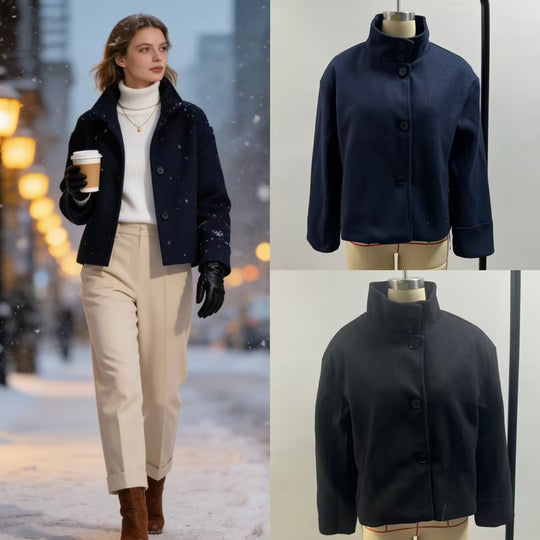 Damen Boxy-Kurzjacke mit hohem Stehkragen und verdeckter Knopfleiste Nord Taschen