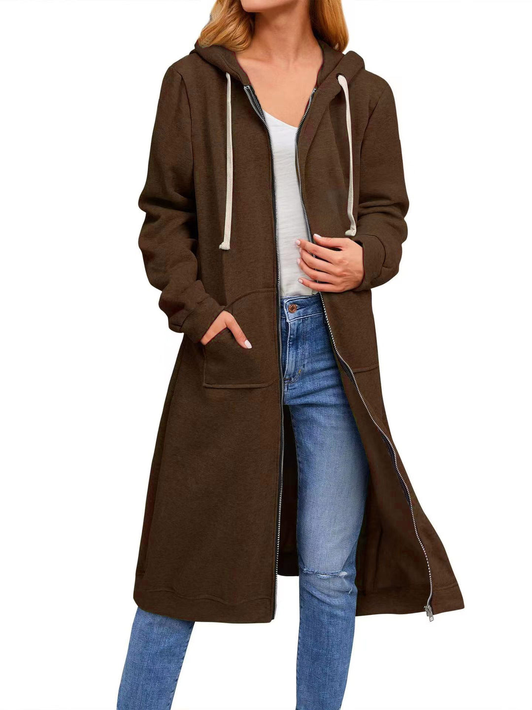 Damen lange Kapuzenjacke mit Reißverschluss und praktischen Taschen