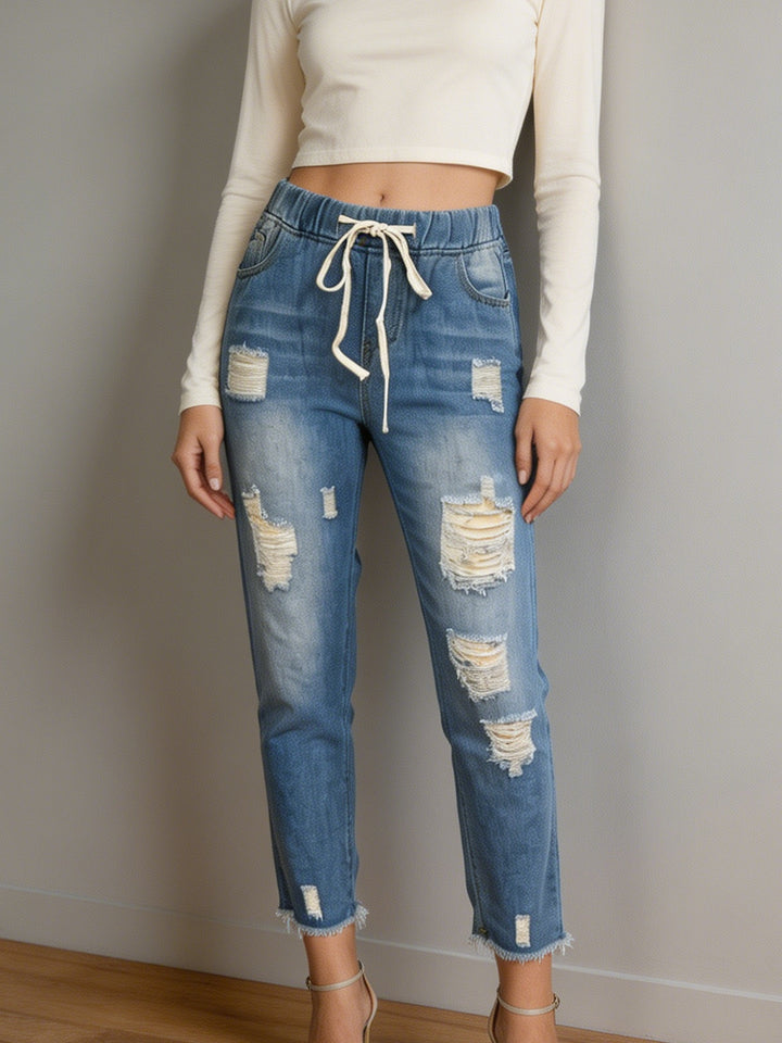 Damen lockere Destroyed-Denim Jogger mit elastischem Kordelbund und ausgefranstem Knöchelabschluss Nord Taschen