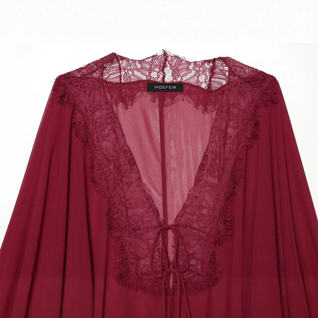 Damen Fließende Kimono‑Bluse mit Spitzenbesatz und Bindeband Nord Taschen