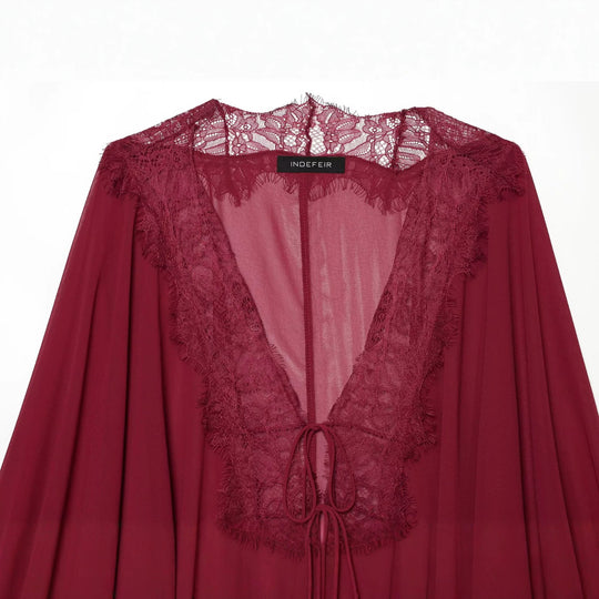 Damen Fließende Kimono‑Bluse mit Spitzenbesatz und Bindeband Nord Taschen