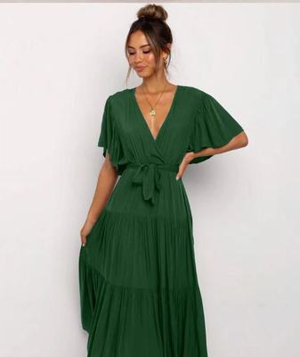 Damen Maxikleid mit tiefem V-Ausschnitt und schwingenden Ärmeln