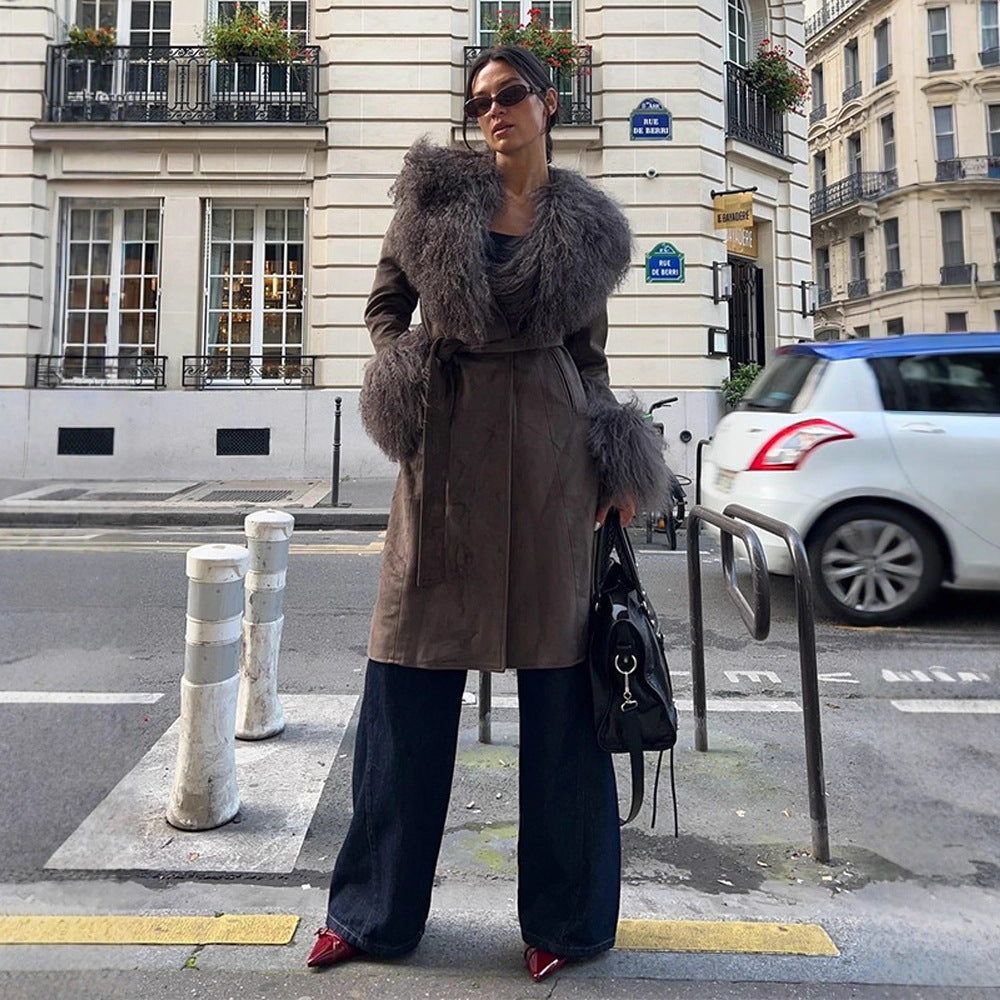 Damen Mantel aus Veloursleder‑Optik mit voluminösem Faux‑Fur‑Schalkragen, Fellmanschetten & Taillengürtel Nord Taschen