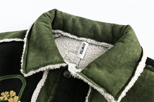 Unisex Patchwork-Lammfelloptik Jacke mit Blumenstickerei Nord Taschen