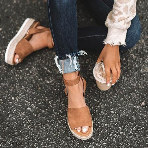 Damen Plateau-Sandalen mit verstellbarem Riemen und jute-artigem Boden