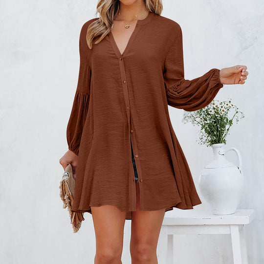 Damen Lässige Bluse mit Ballonärmeln und durchgehender Knopfleiste