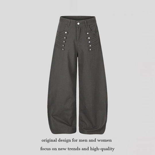 Damen Hochgeschnittene Palazzo‑Hose mit weitem Ballonbein und dekorativer Knopfleiste Nord Taschen