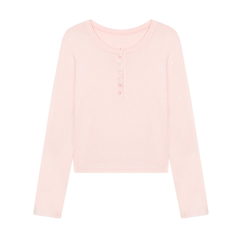 Damen Kurz geschnittenes Henley Langarmshirt aus Baumwolljersey mit Knopfleiste Nord Taschen