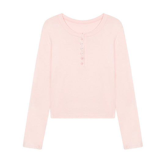 Damen Kurz geschnittenes Henley Langarmshirt aus Baumwolljersey mit Knopfleiste Nord Taschen