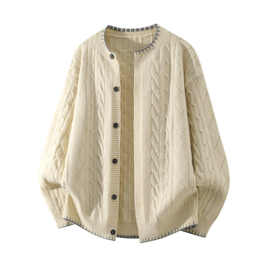 Damen Oversize Zopfmuster-Cardigan mit Rundhalsausschnitt, Ballonärmeln & Kontrastnaht Nord Taschen