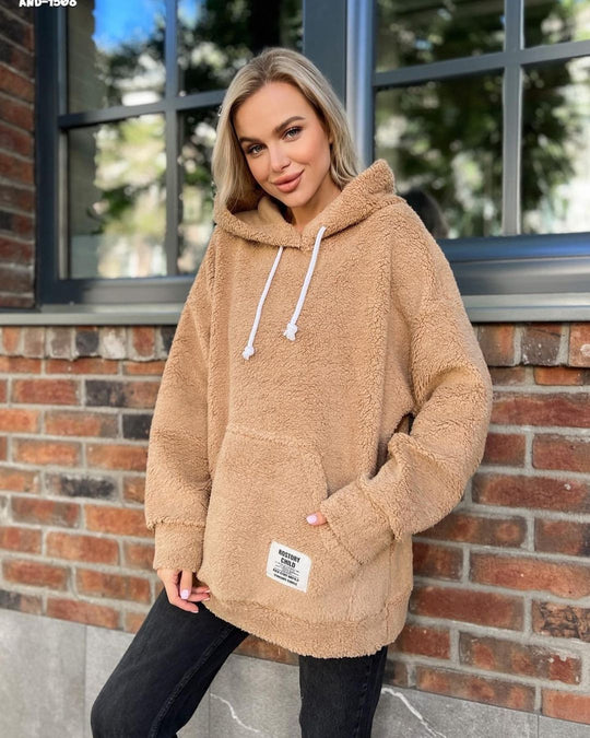 Damen Kuscheliger Teddy-Hoodie mit Kapuze, Kängurutasche und Oversize-Schnitt Nord Taschen